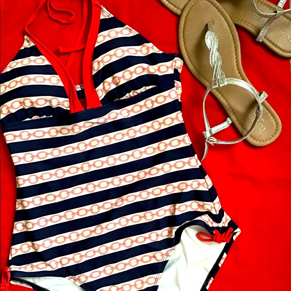 Adorable retro sailor one piece bathing suit.